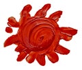 Hand drawn red sun painted with oil brush, isolated on white background. Royalty Free Stock Photo