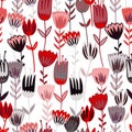 Hand drawn red wild flower seamless pattern. Simple botanical endless background. Doodle flowers in folk style Royalty Free Stock Photo