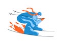 Hand-drawn redhead girl skier in a blue suit. A young woman skis in an aerodynamic pose at full speed that the fire under the skis Royalty Free Stock Photo