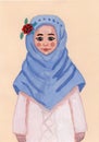 Hand drawn religious muslim woman. Young girl. Female in blue scarf and pink dress. Gouache and watercolor drawing. Graphic sketc