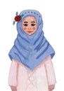 Hand drawn religious muslim woman. Young girl. Female in blue scarf and pink dress. Gouache and watercolor drawing. Graphic sketc