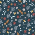Hand-drawn Repeat Retro Floral Flower Pattern with navy blue background. Seamless floral pattern. Stylish repeating texture.