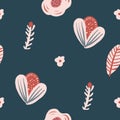 Hand-drawn Repeat Retro Floral Flower Pattern with navy blue background. Seamless floral pattern. Stylish repeating texture. Royalty Free Stock Photo