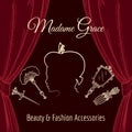 Hand drawn retro beauty shop poster with red curtain and silhouette of beautiful woman face