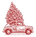 Hand drawn retro car and fir tree with decorations in sketchy vintage style. Christmas, New Year vector illustration