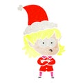 hand drawn retro cartoon of a elf girl staring wearing santa hat