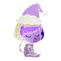 hand drawn retro cartoon of a pretty astronaut girl sitting waiting wearing santa hat Royalty Free Stock Photo