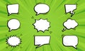 Hand Drawn Retro Cartoon Stickers in Pop Art Style. Set of Comic Speech Bubbles on Green Pop Art Background. Speech Royalty Free Stock Photo