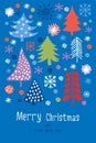 Hand drawn retro - Christmas card. Festive background with stylized Christmas trees, snowflakes and decorations Royalty Free Stock Photo