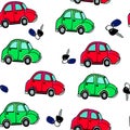 Hand drawn retro colored cars and keyes pattern wgite