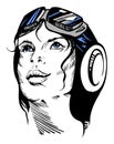 Hand-drawn retro female portrait of a pilot. Royalty Free Stock Photo