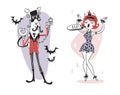 Hand drawn Retro illustration Halloween Characters. Creative Cartoon art work. Actual drawing Holiday People. Artistic isol