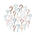 Hand drawn retro question marks on white background