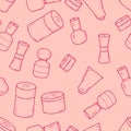 Hand drawn retro style cosmetic jars seamless pattern. Perfect for scrapbooking, poster, textile and prints.