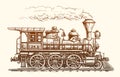 Vintage steam locomotive, side view. Hand drawn retro train sketch. Transport vector illustration Royalty Free Stock Photo