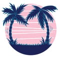 Hand drawn retro vawe illustration of pink sunset with blue palm trees Royalty Free Stock Photo