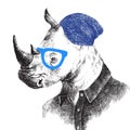 Hand drawn rhino in hipster style