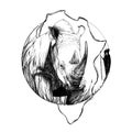 Hand drawn rhino, sketch graphics monochrome illustration on white background Royalty Free Stock Photo
