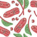 Hand drawn rhubarb pattern. leaves, bunches cut and whole with strawberries composition. Good for backdrop, textile, wrapping pape