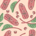 Hand drawn rhubarb pattern. leaves, bunches cut and whole with strawberries composition. Vector illustration. Good for backdrop, t