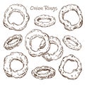 Hand drawn roasted onion rings illustration isolated on white background. street fast food or pub food collection in Royalty Free Stock Photo