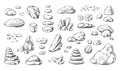 Hand drawn rocks. Gravel stones and boulders sketch. Vintage outline minerals. Pebble piles. Heavy cobblestones and