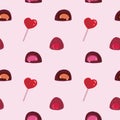 Hand drawn romantic confectionery seamless pattern with chocolate candies and lollipop