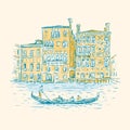 Hand drawn romantic sketch vector illustration of Venice, Italy. Drawing of a canal, houses and gondola isolated on white. Tourism