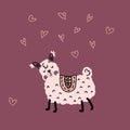Hand drawn romantic valentine llama and hearts. Perfect for T-shirt, postcard, textile and print. Doodle vector illustration