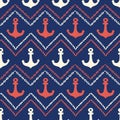 Hand-Drawn Rope and Chains Chevrons with Anchors Vector Seamless Pattern. Blue and Red Marine Background Royalty Free Stock Photo