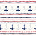 Hand-Drawn Rope and Chains Horizontal Stripes with Anchors Vector Seamless Pattern. Red White and Blue Marine Background Royalty Free Stock Photo