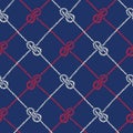 Hand-Drawn Rope Diagonal Plaid with Zeppelin Bend Nautical Knots Vector Seamless Pattern. Blue Marine Background
