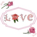 Hand drawn roses, letters and twirls. Design elements for Valentine`s day. Colored sketch objects isolated on white background.