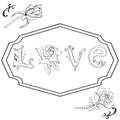 Hand drawn roses, letters and twirls. Design elements for Valentine`s day. Monochrome objects.