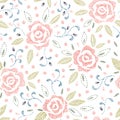 Hand Drawn Roses, Mimicking Embroidery Stitches, on White Background Floral Vector Seamless Pattern Royalty Free Stock Photo