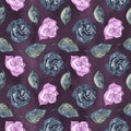 Hand Drawn Roses, Mimicking Folk Embroidery Stitches, on Dark Blue Background Floral Seamless Pattern Royalty Free Stock Photo