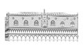 Hand-drawn rough black and white sketch of the Doges Palace in Venice, Italy