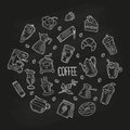 Hand drawn round concept with coffee and dessert icons in doodle style. White outline on black background or chalkboard. Cute Royalty Free Stock Photo