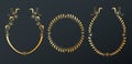 Hand drawn round floral golden frames on dark background. Sketch flower, leaves and branches decoration wreath Royalty Free Stock Photo