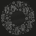 Hand drawn round frame or concept with coffee icons in doodle style. White outline on black background or chalkboard. Cute Royalty Free Stock Photo