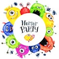 Hand drawn round frame with watercolor funny monster heads. Celebration illustration. Cartoon horror party. Funny beasts