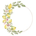 Hand drawn round frame of watercolor lemon. Watercolor illustration wreath of lemon and leaves. Can be used as a greeting card for Royalty Free Stock Photo