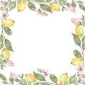 Hand drawn round frame of watercolor lemon. Watercolor illustration wreath of lemon and leaves. Can be used as a greeting card for Royalty Free Stock Photo