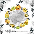 Hand drawn round frame with watercolor pumpkins and leaves. Halloween holiday illustration. Funny food. Magic, symbol of Royalty Free Stock Photo