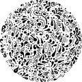 Hand drawn round pattern with swirls, circles and drops