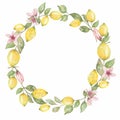 Hand drawn round wreath of watercolor lemon with flowers and leaves. Watercolor illustration wreath of lemon and leaves. Can be Royalty Free Stock Photo