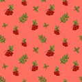 Hand drawn rowan berries and leaves seamless pattern. Colored endless tracery on coral background