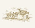 Hand Drawn Rural Buildings Landscape Vector Illustration. Farm with Barns and Pine Tree Sketch. Village Houses Doodle Royalty Free Stock Photo