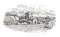 Hand drawn rural landscape. Farm, vineyard, agriculture sketch. Vintage vector illustration Royalty Free Stock Photo