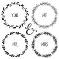 Hand drawn rustic vintage wreaths with lettering. Floral vector